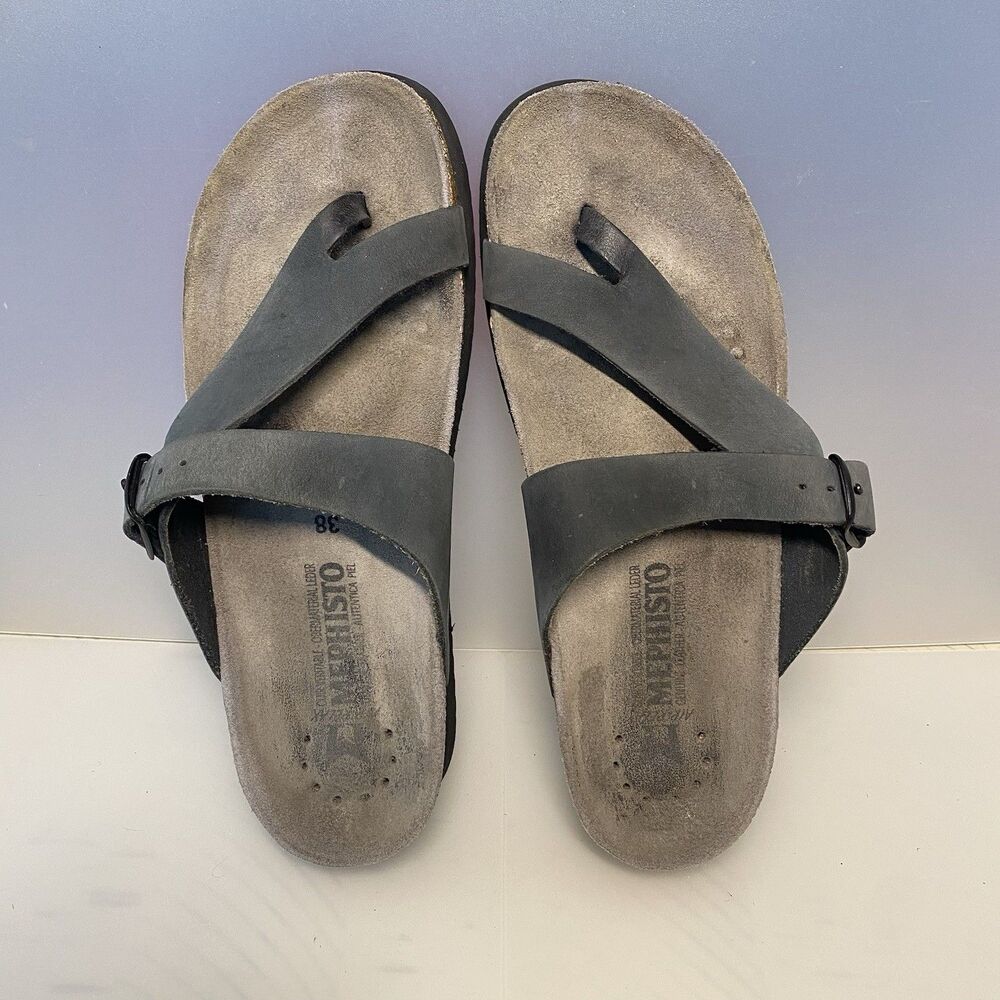 Mephisto Helen Toe Loop Sandals Navy/Black Leather Women Size 8 / 38